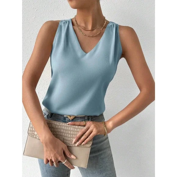 minimalist Solid V Neck Tank Top workwear office business casual cream - Picture 4 of 12